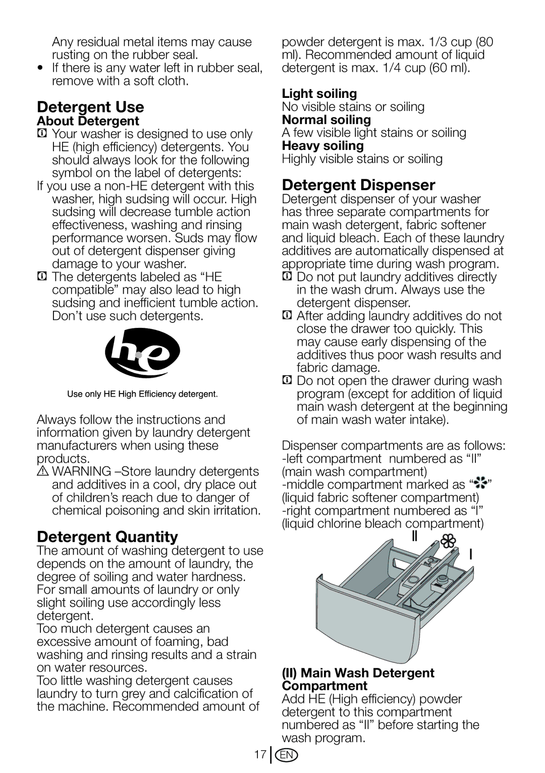 Blomberg WM 87120 NBL00 installation instructions Detergent Use, Detergent Quantity 