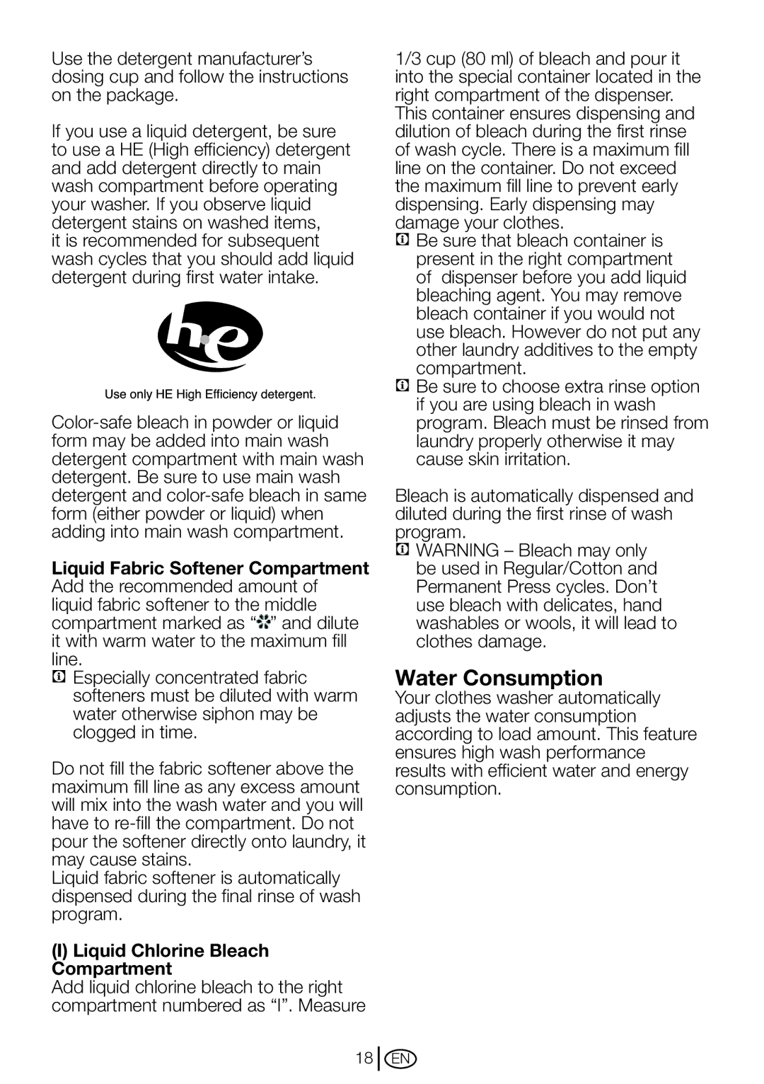 Blomberg WM 87120 NBL00 installation instructions Water Consumption, Liquid Chlorine Bleach Compartment 