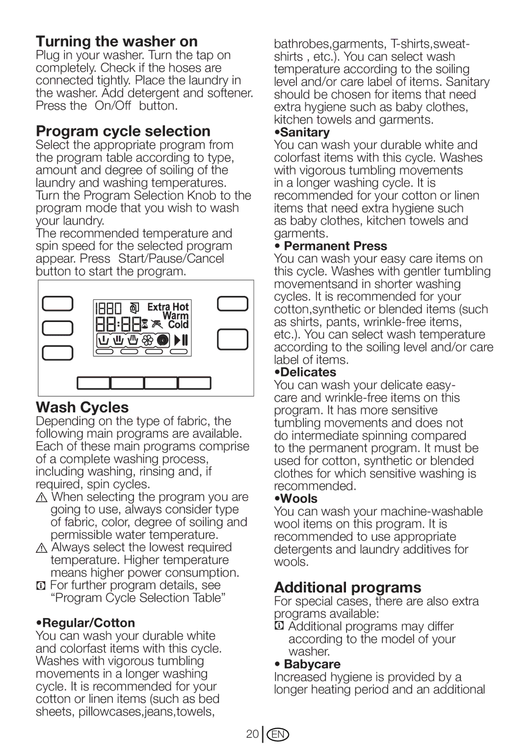 Blomberg WM 87120 NBL00 Turning the washer on, Program cycle selection, Wash Cycles, Additional programs 