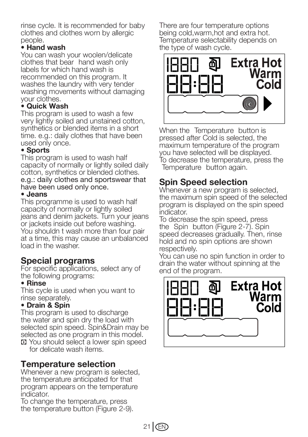 Blomberg WM 87120 NBL00 installation instructions Special programs, Temperature selection, Spin Speed selection 