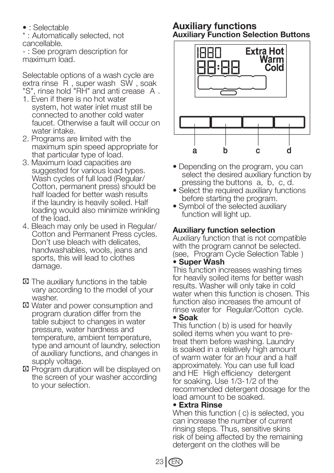 Blomberg WM 87120 NBL00 Auxiliary functions, Auxiliary Function Selection Buttons, Soak, Extra Rinse 