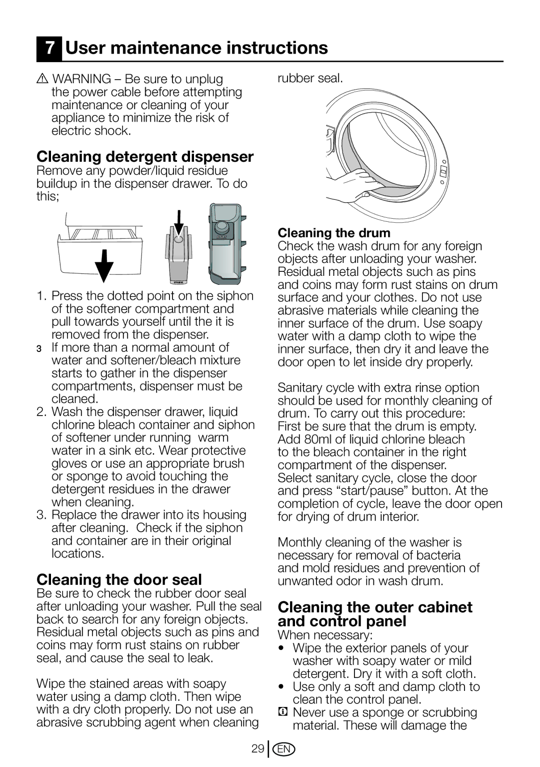 Blomberg WM 87120 NBL00 User maintenance instructions, Cleaning detergent dispenser, Cleaning the door seal 