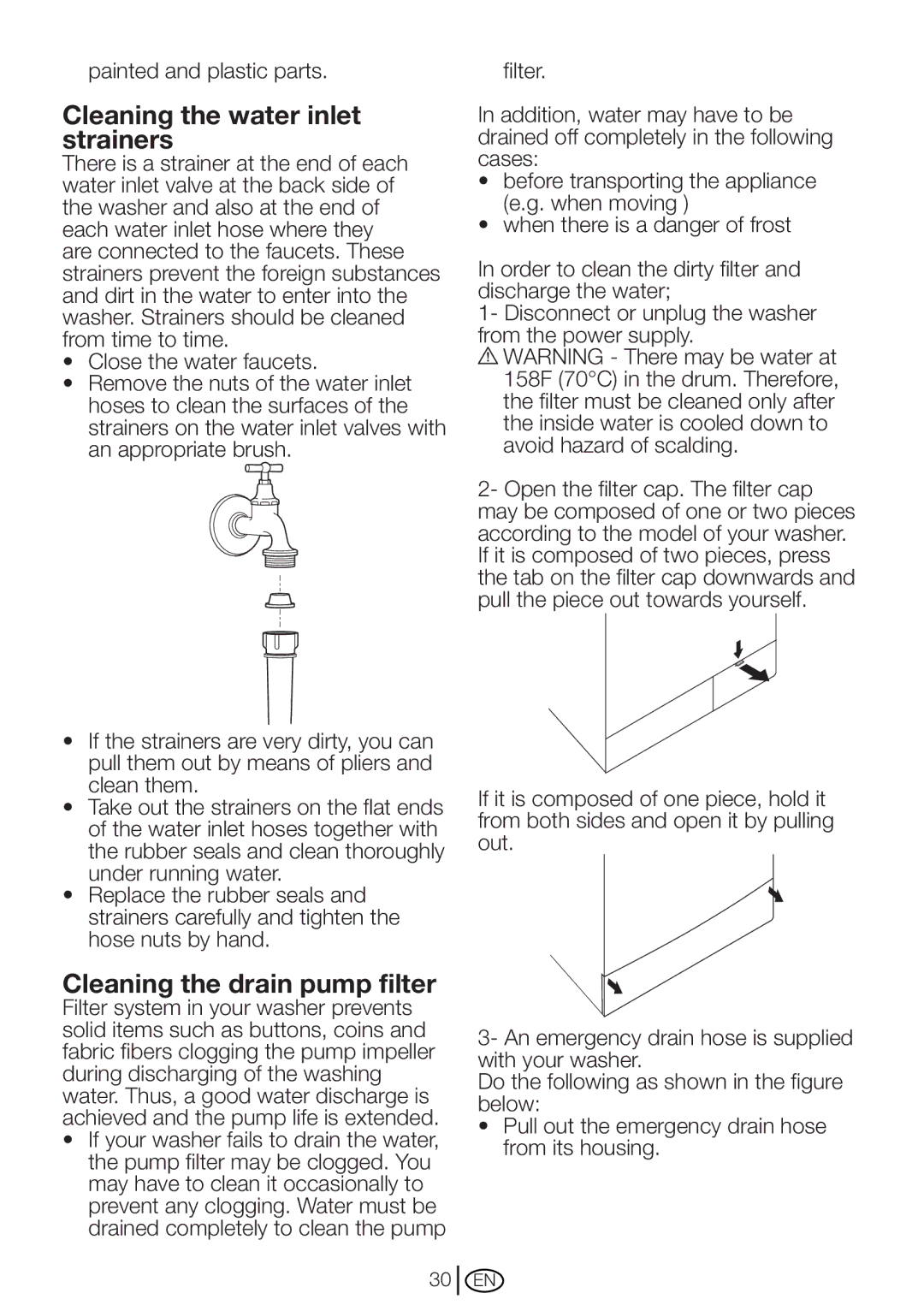 Blomberg WM 87120 NBL00 installation instructions Cleaning the water inlet strainers, Cleaning the drain pump filter 