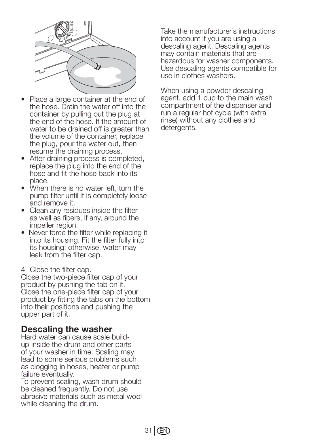 Blomberg WM 87120 NBL00 installation instructions Descaling the washer 