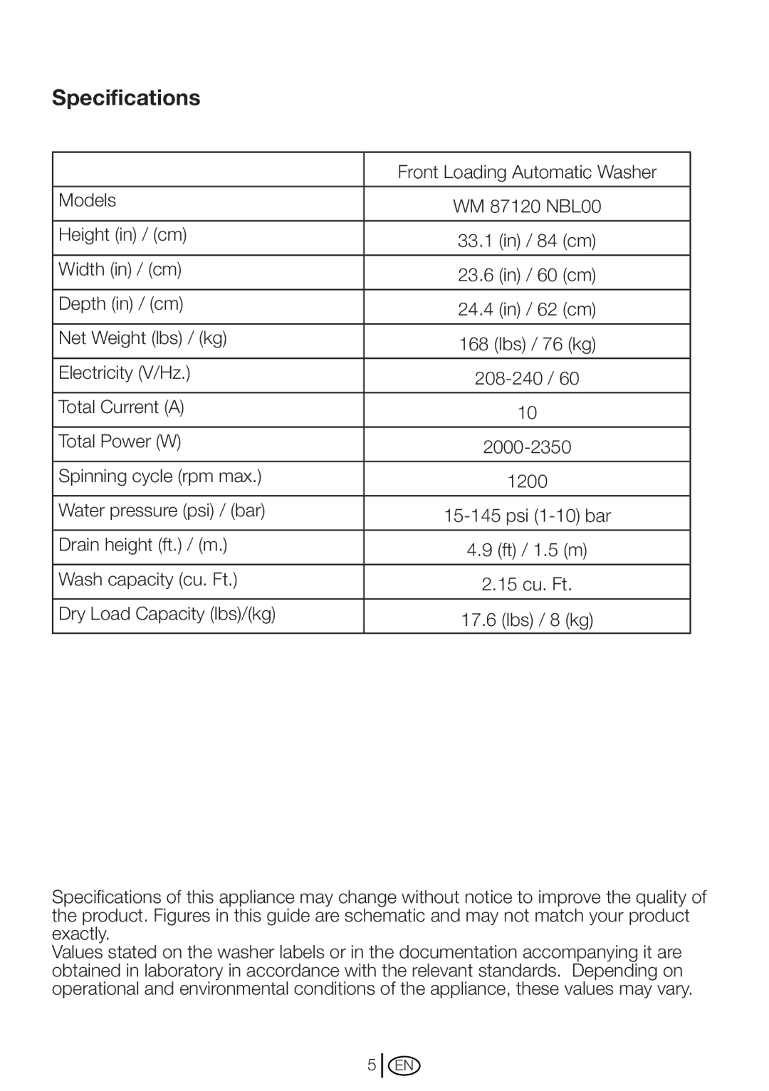 Blomberg WM 87120 NBL00 installation instructions Specifications 