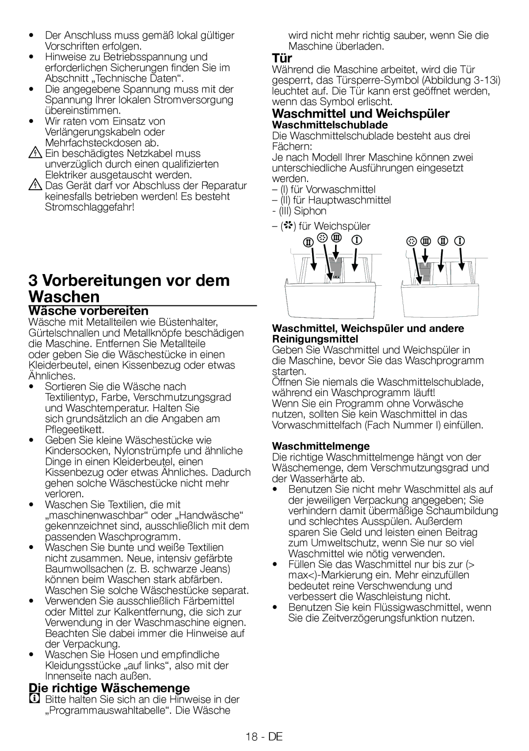 Blomberg WMF 8428 A user manual Vorbereitungen vor dem Waschen, Tür, Waschmittel und Weichspüler, Wäsche vorbereiten 