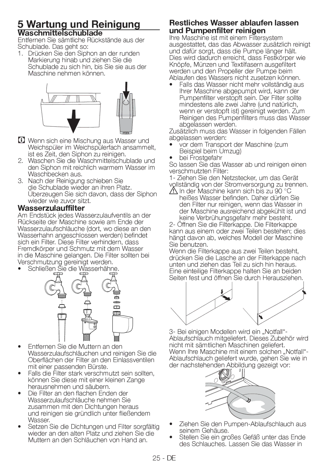 Blomberg WMF 8428 A user manual Wartung und Reinigung, Waschmittelschublade, Wasserzulauffilter 