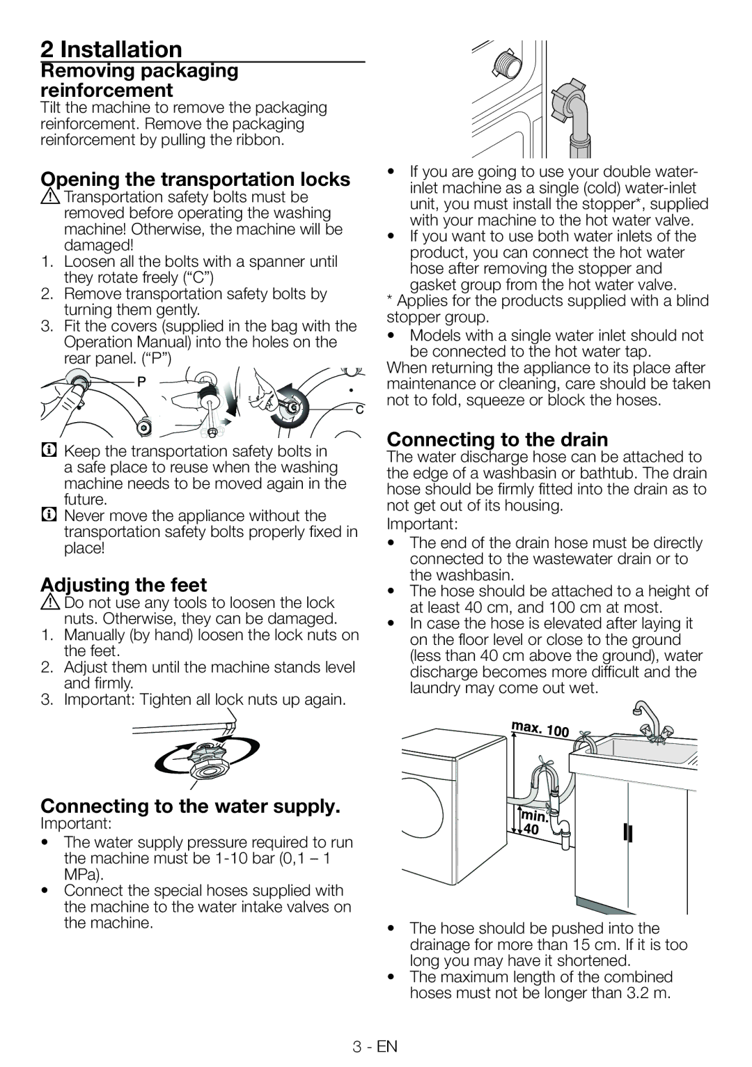 Blomberg WMF 8428 A user manual Installation, Removing packaging reinforcement, Adjusting the feet, Connecting to the drain 