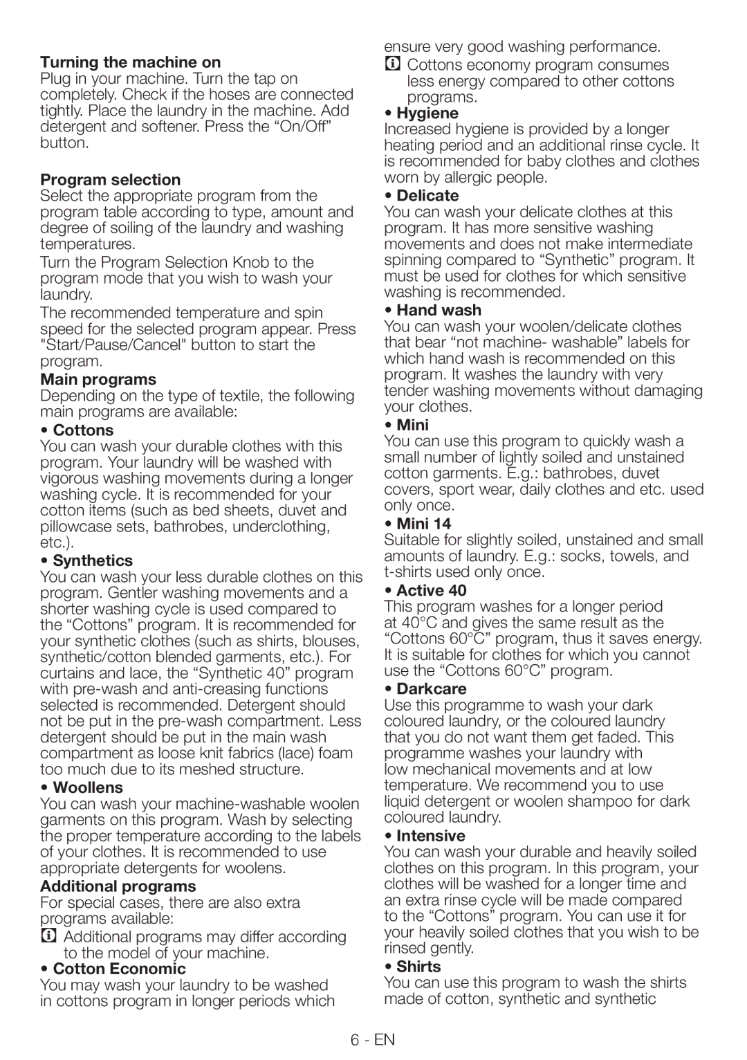Blomberg WMF 8428 A Turning the machine on, Program selection, Main programs, Cottons, Synthetics, Woollens, Hygiene, Mini 