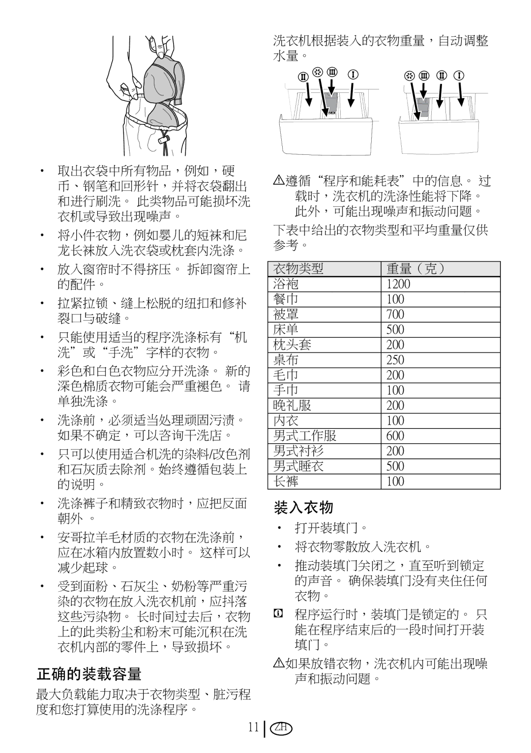 Blomberg WMT 7310 S user manual 正确的装载容量, 装入衣物 