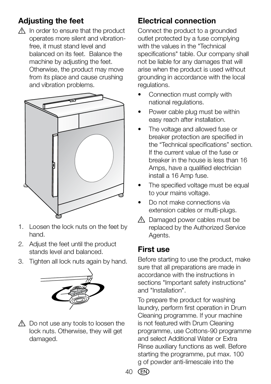 Blomberg WMT 7310 S user manual Adjusting the feet, Electrical connection, First use 