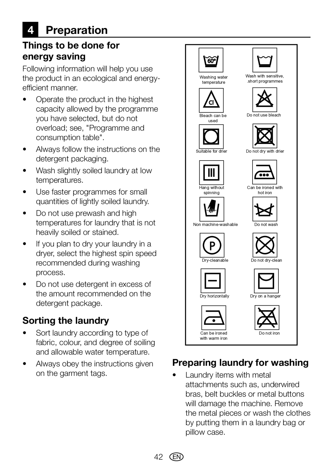 Blomberg WMT 7310 S Preparation, Things to be done for energy saving, Sorting the laundry, Preparing laundry for washing 