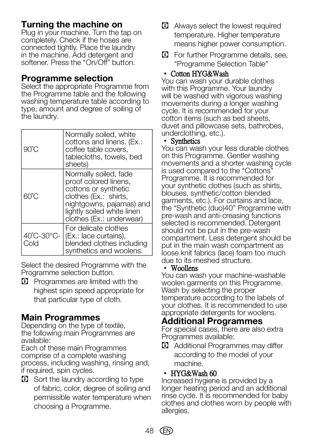 Blomberg WMT 7310 S user manual Turning the machine on, Programme selection, Main Programmes, Additional Programmes 