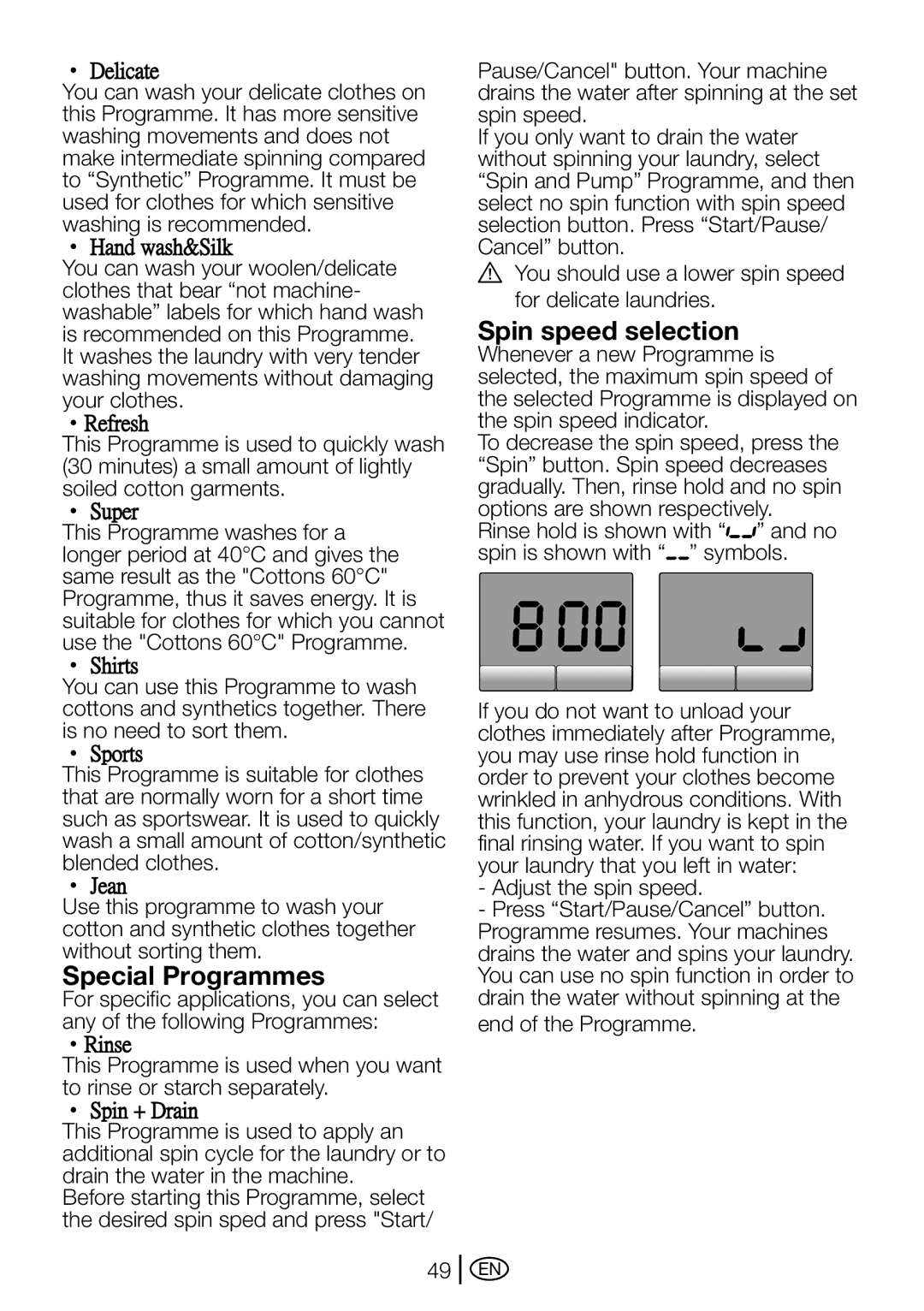 Blomberg WMT 7310 S user manual Special Programmes, Spin speed selection 