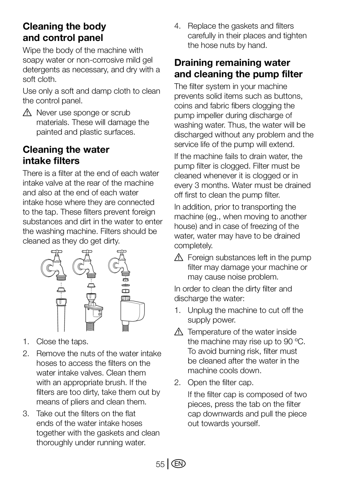 Blomberg WMT 7310 S user manual Cleaning the body and control panel, Cleaning the water intake filters 