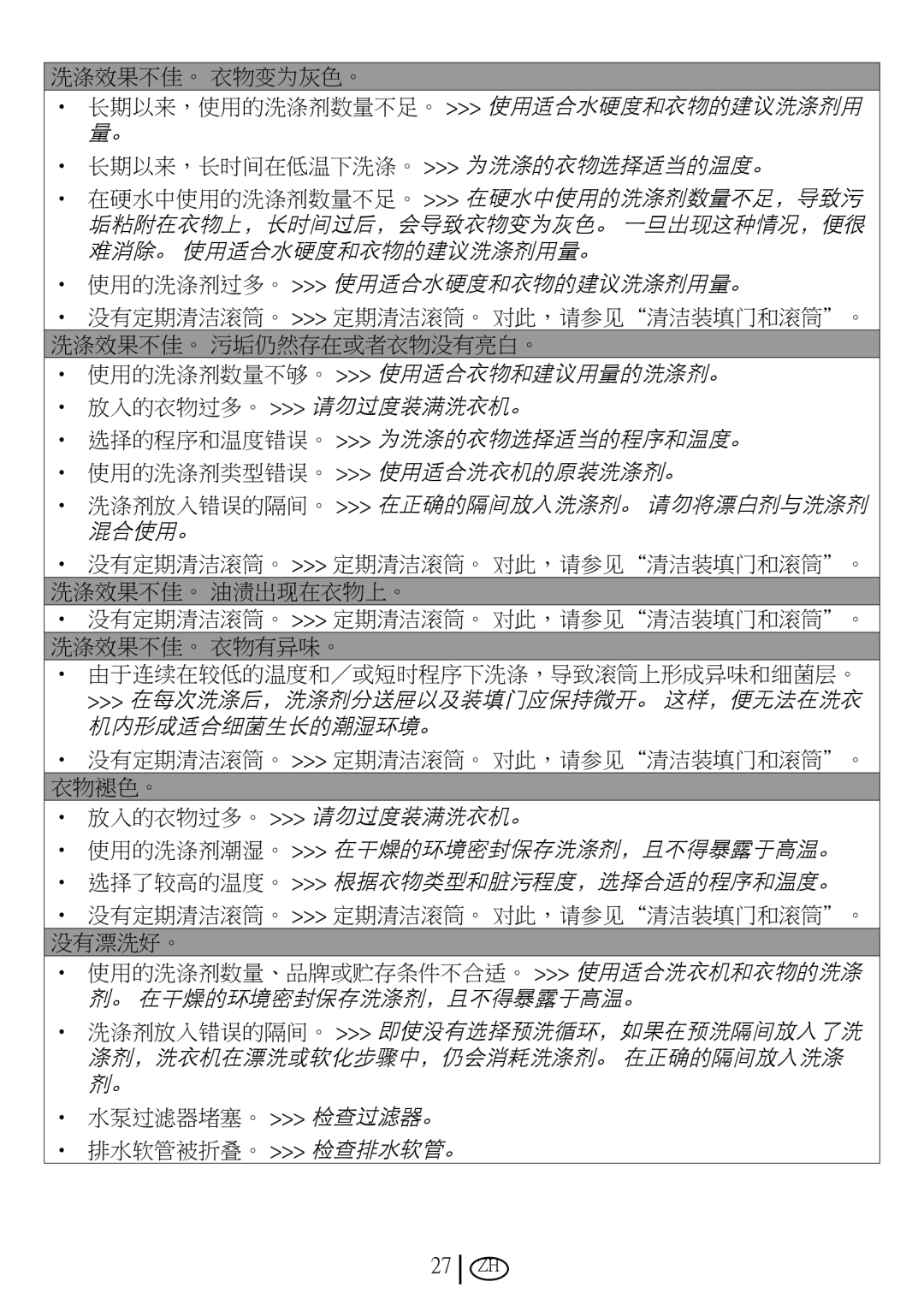 Blomberg WMT 8320 S user manual 长期以来，使用的洗涤剂数量不足。 使用适合水硬度和衣物的建议洗涤剂用 量。 