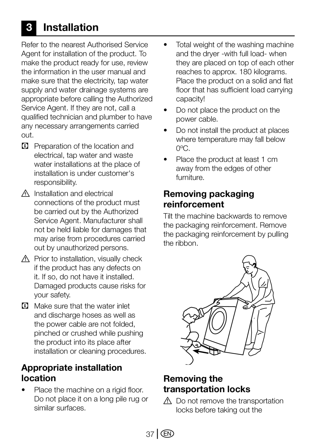 Blomberg WMT 8320 S user manual Installation, Appropriate installation location, Removing packaging reinforcement 