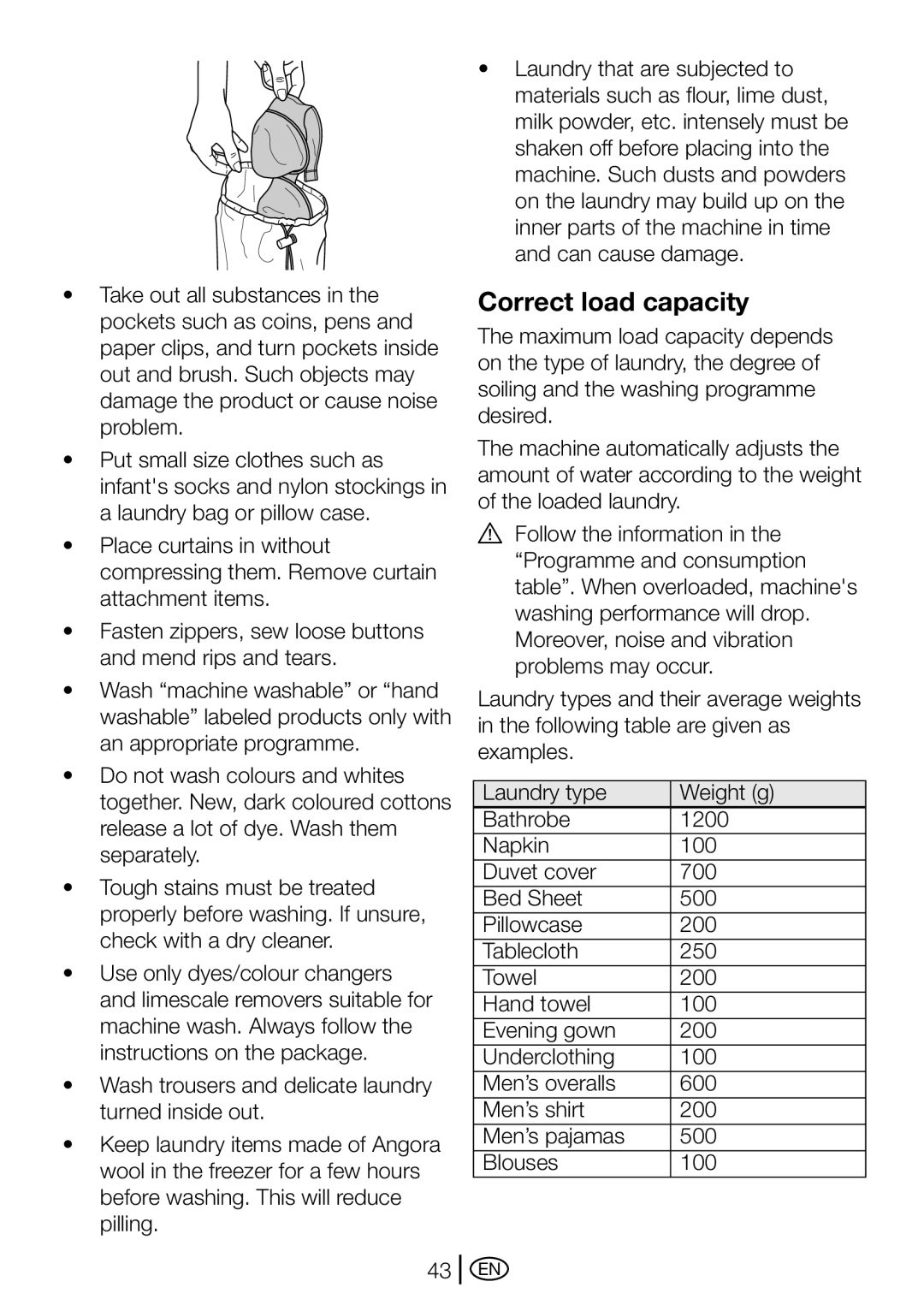 Blomberg WMT 8320 S user manual Correct load capacity 