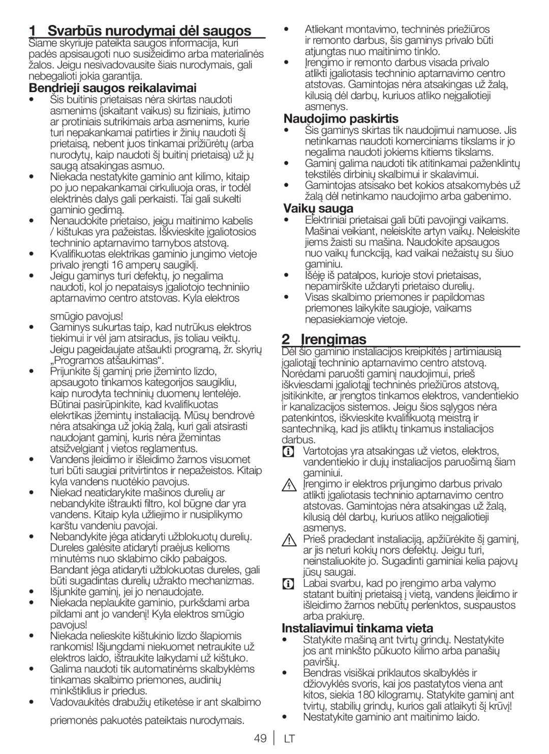 Blomberg WNF 5100 WE, WNF 5180 WE user manual Svarbūs nurodymai dėl saugos, Įrengimas 