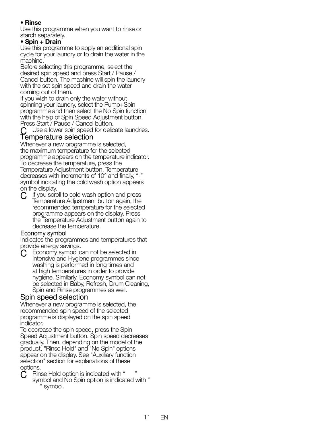 Blomberg WNF 5441 AE20 user manual Temperature selection, Spin speed selection, Rinse, Spin + Drain, Economy symbol 