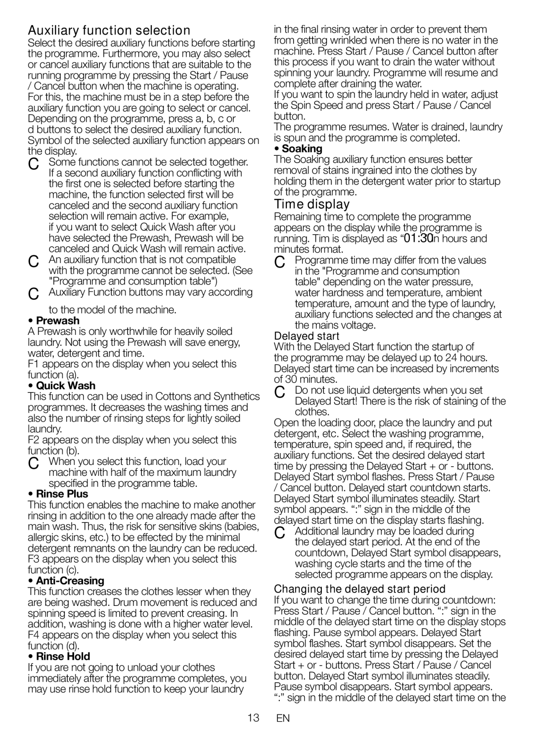 Blomberg WNF 5441 AE20 user manual Auxiliary function selection, Time display 