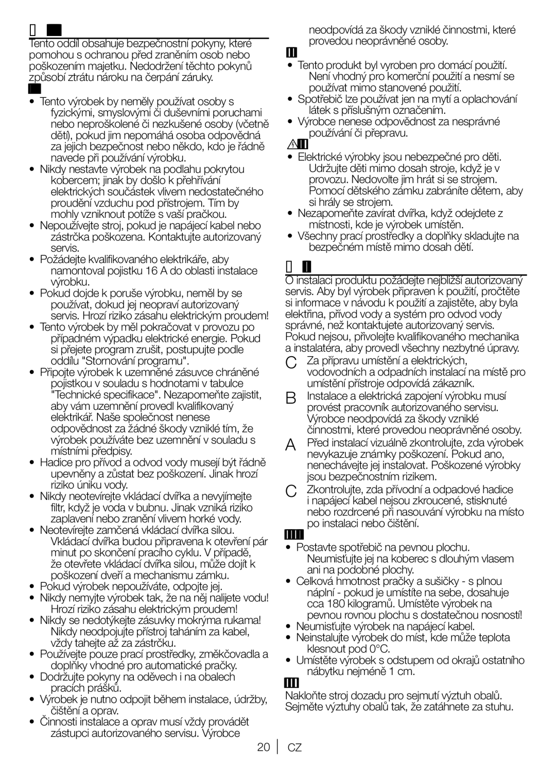 Blomberg WNF 5441 AE20 user manual Důležité bezpečnostní pokyny, Instalace 