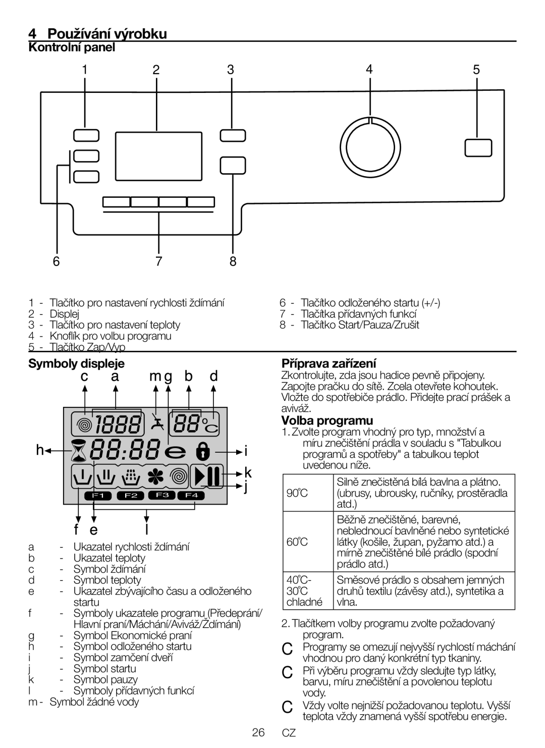 Blomberg WNF 5441 AE20 user manual Používání výrobku, Kontrolní panel, Symboly displeje, Příprava zařízení, Volba programu 