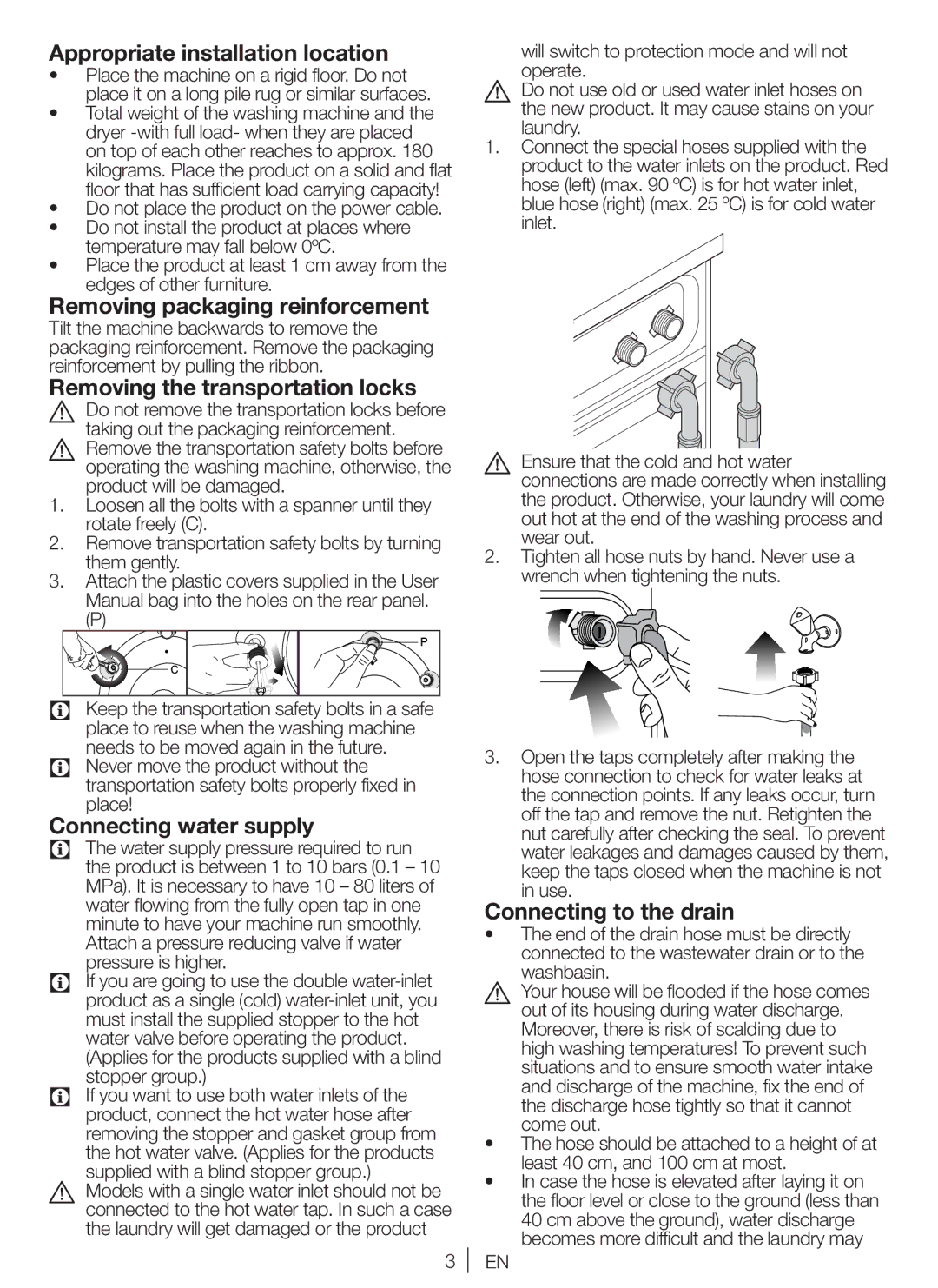 Blomberg WNF 5441 AE20 Appropriate installation location, Removing packaging reinforcement, Connecting water supply 