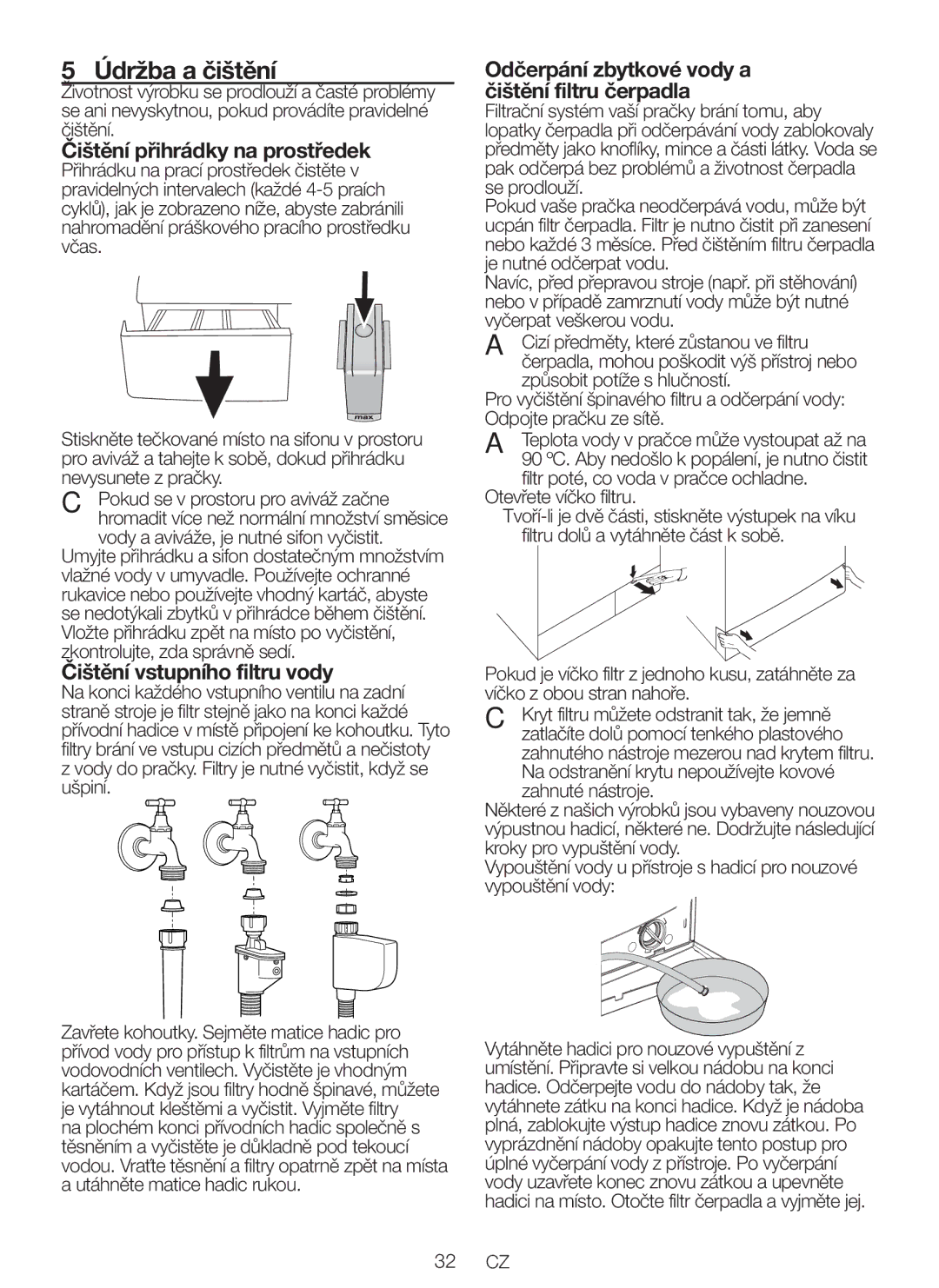 Blomberg WNF 5441 AE20 user manual Údržba a čištění, Čištění přihrádky na prostředek, Čištění vstupního filtru vody 