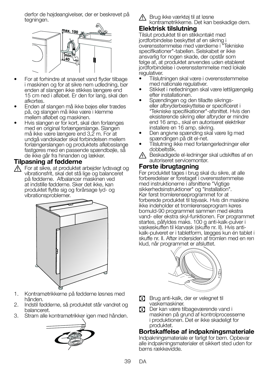 Blomberg WNF 5441 AE20 user manual Tilpasning af fødderne, Elektrisk tilslutning, Første ibrugtagning 