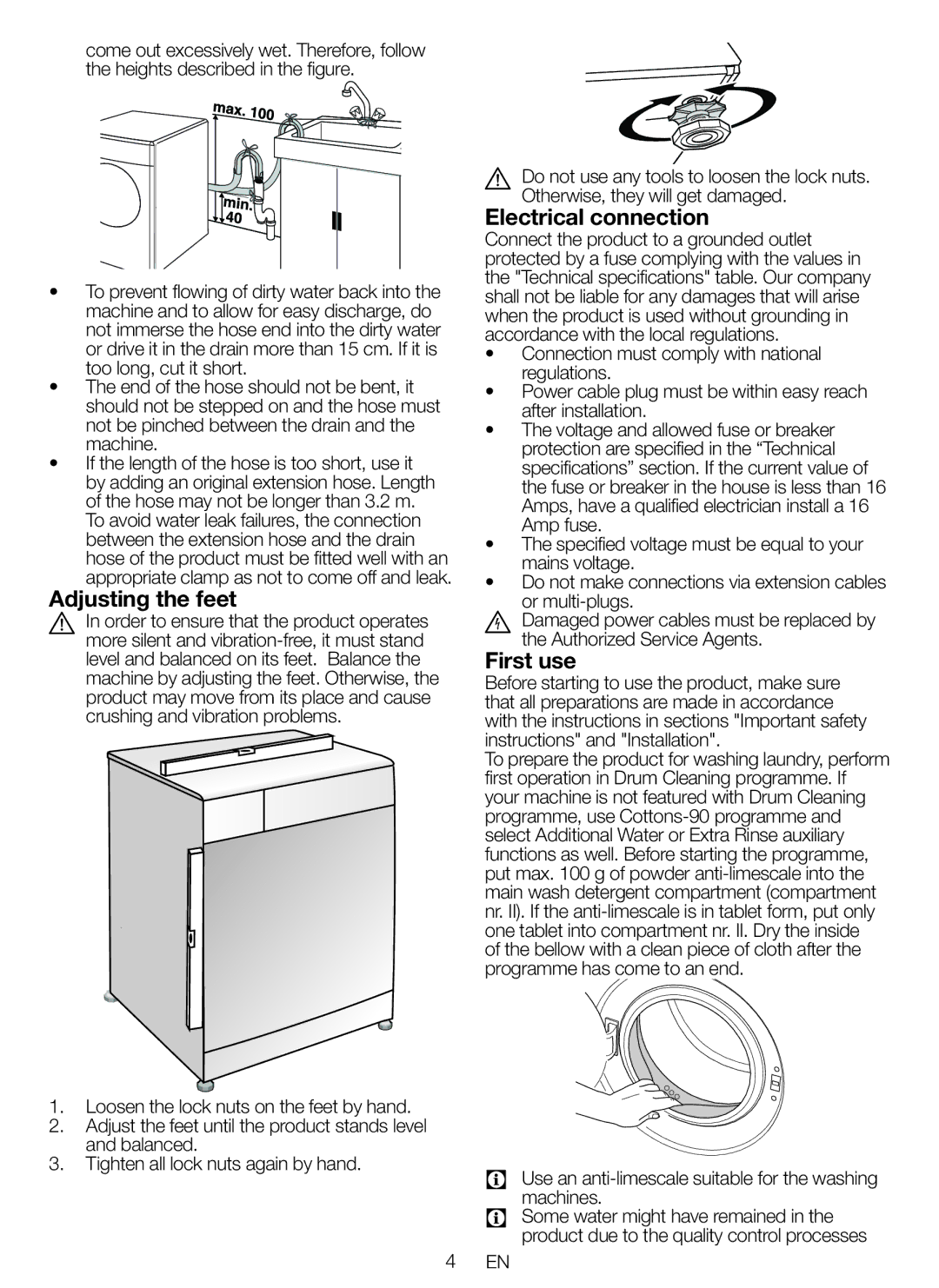 Blomberg WNF 5441 AE20 user manual Adjusting the feet, Electrical connection, First use 