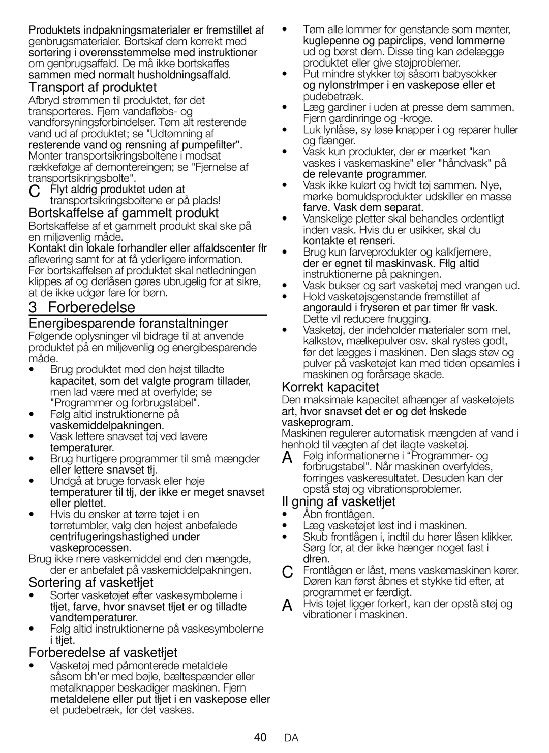 Blomberg WNF 5441 AE20 user manual Forberedelse 