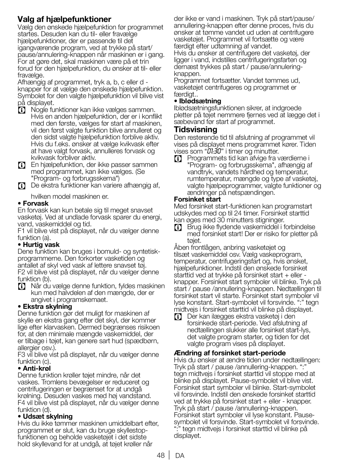 Blomberg WNF 5441 AE20 user manual Valg af hjælpefunktioner, Tidsvisning 