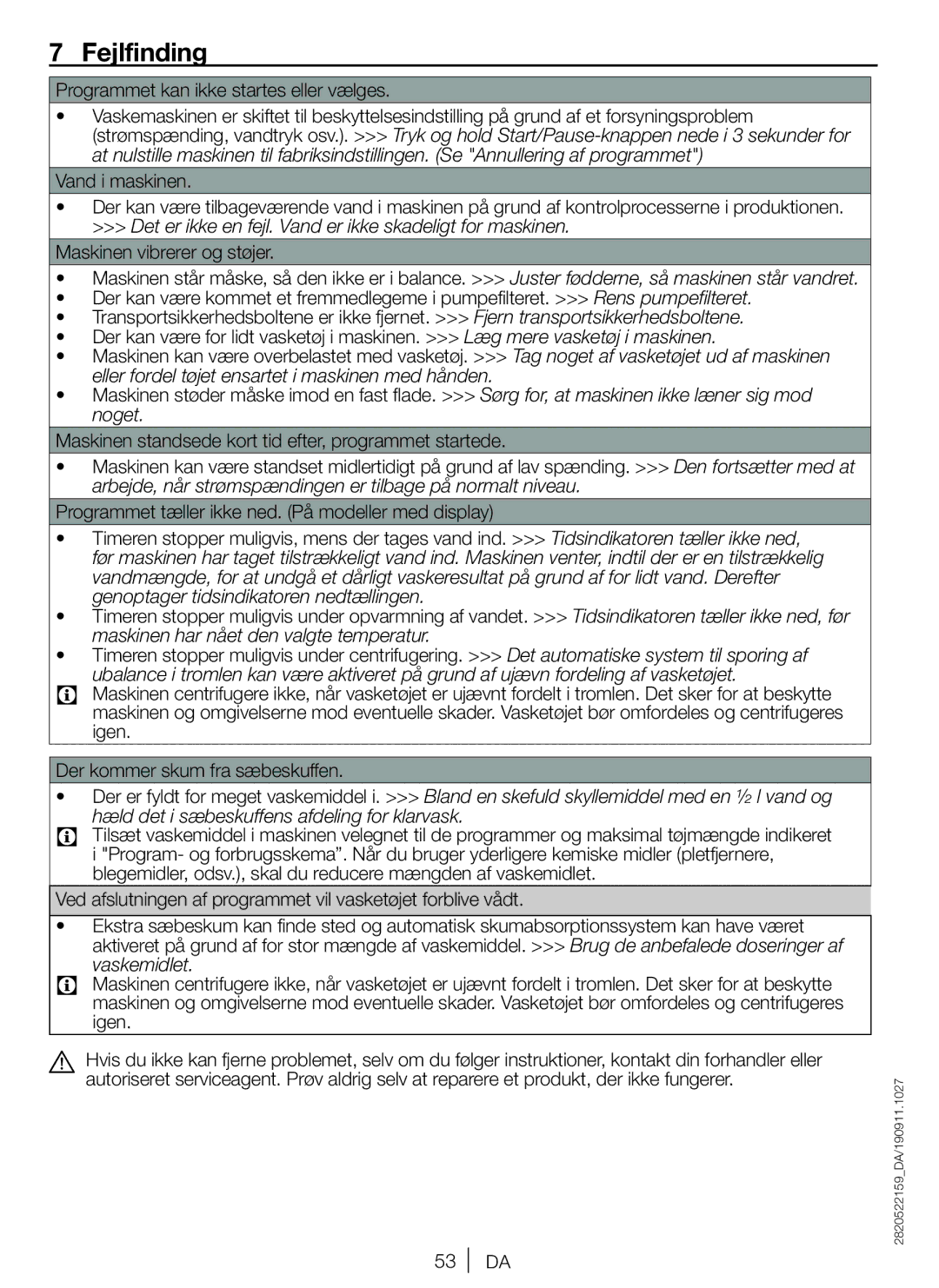 Blomberg WNF 5441 AE20 user manual Fejlfinding, Programmet kan ikke startes eller vælges 