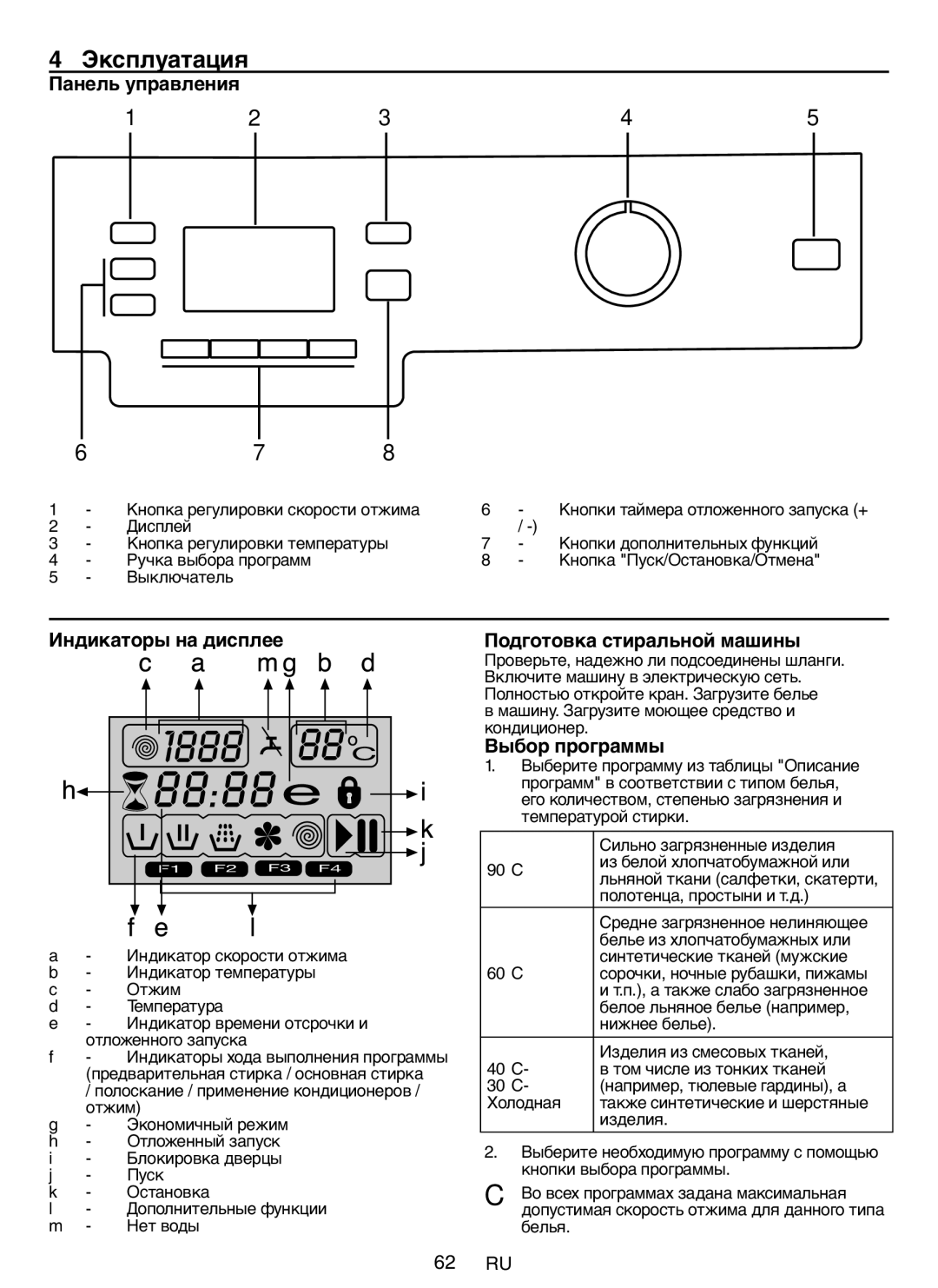 Blomberg WNF 5441 AE20 user manual Эксплуатация, Панель управления, Индикаторы на дисплее, Подготовка стиральной машины 