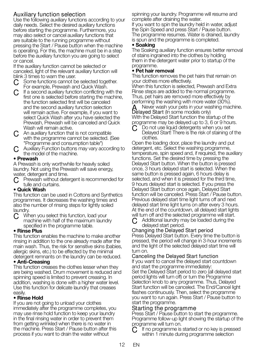 Blomberg WNF 6221 WE 20, WNF 6280 WE 20, WNF 6200 WE 20 user manual Auxiliary function selection, Starting the programme 