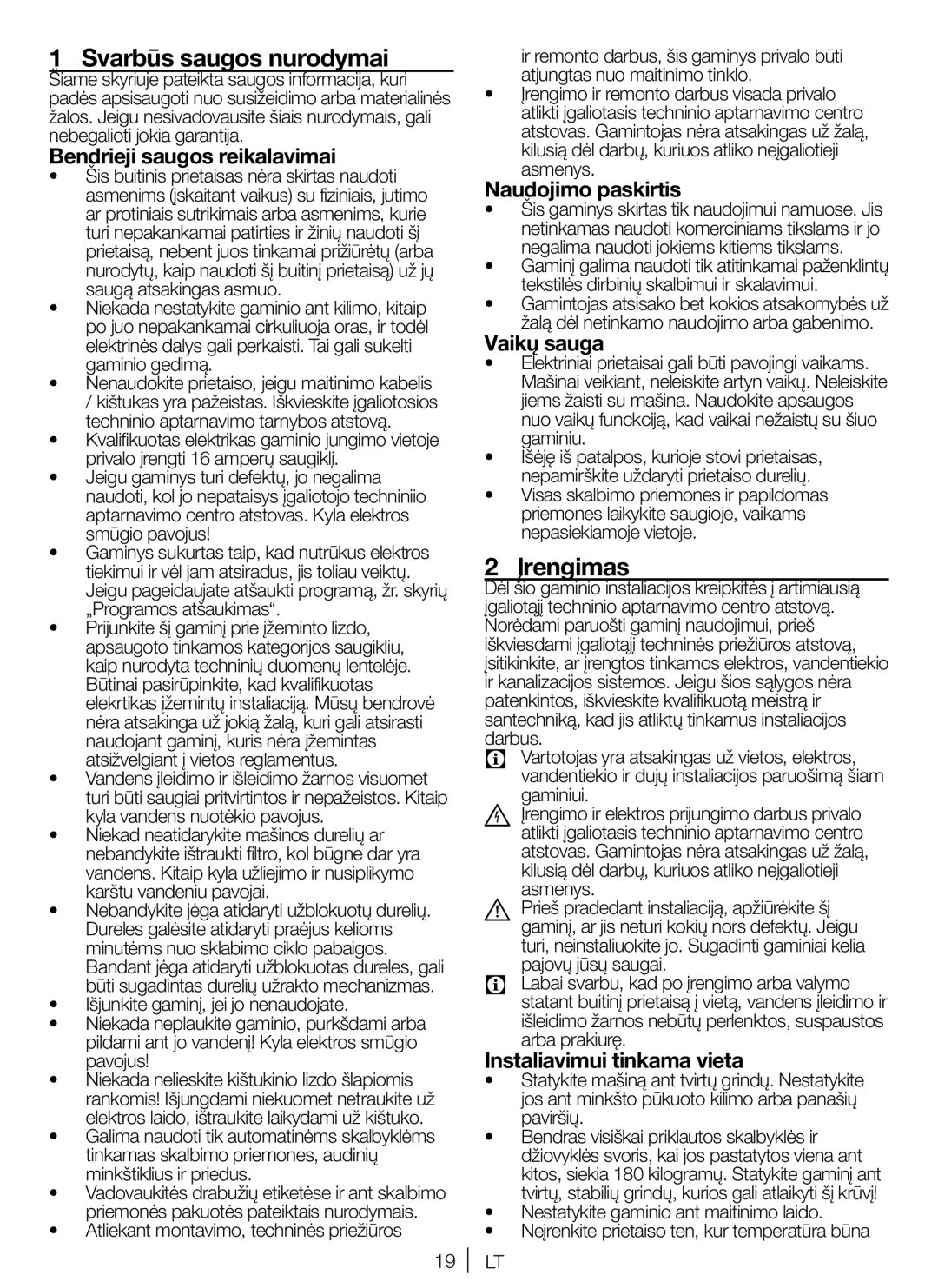 Blomberg WNF 6280 WE 20, WNF 6221 WE 20, WNF 6200 WE 20 user manual Svarbūs saugos nurodymai, Įrengimas 