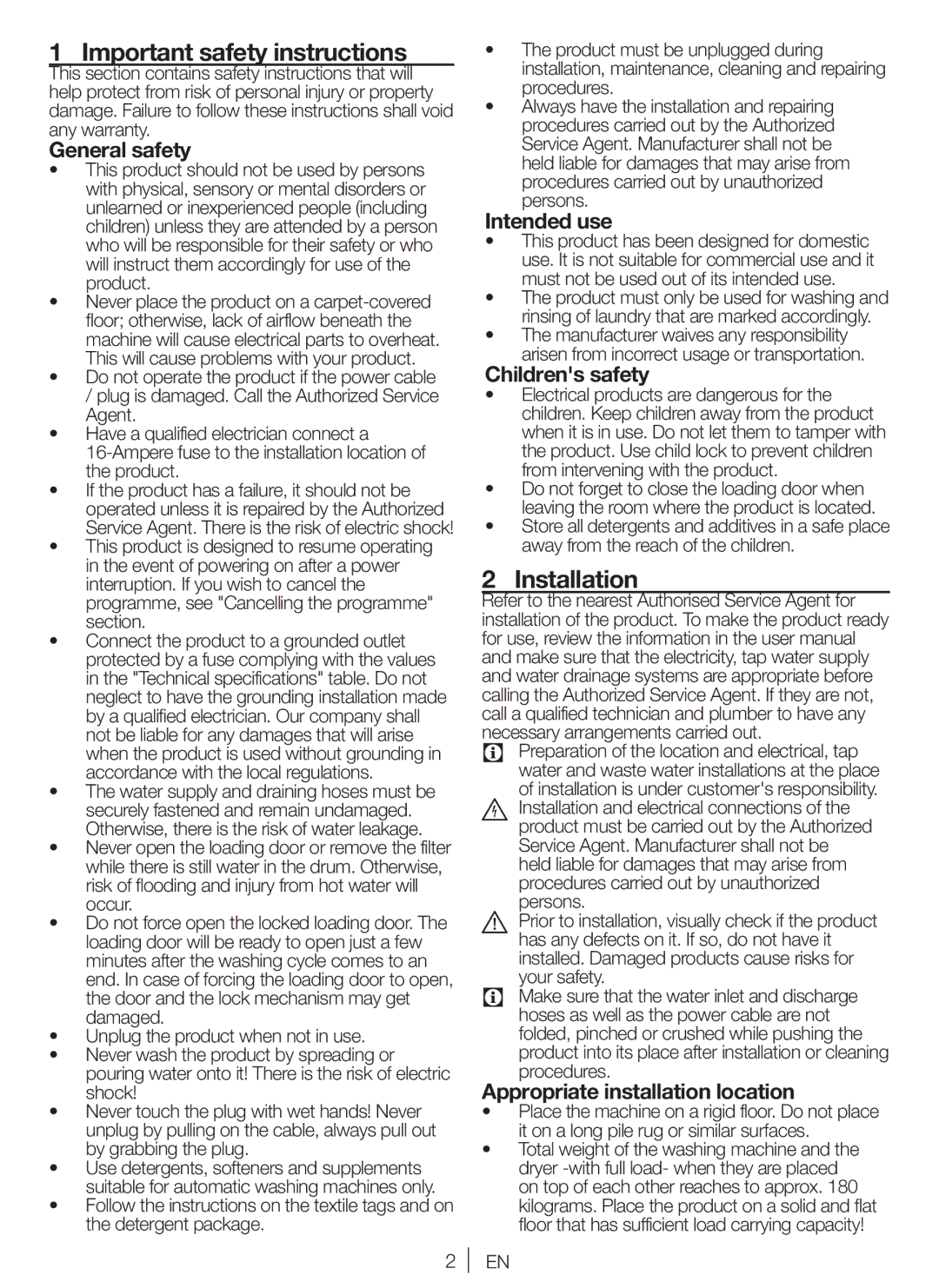 Blomberg WNF 6200 WE 20, WNF 6221 WE 20, WNF 6280 WE 20 user manual Important safety instructions, Installation 