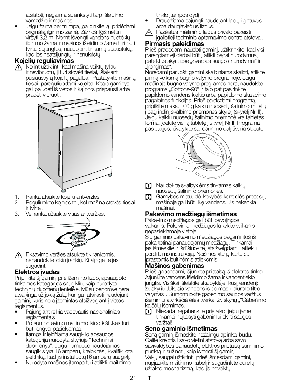 Blomberg WNF 6221 WE 20 user manual Kojelių reguliavimas, Elektros įvadas, Pirmasis paleidimas, Pakavimo medžiagų išmetimas 