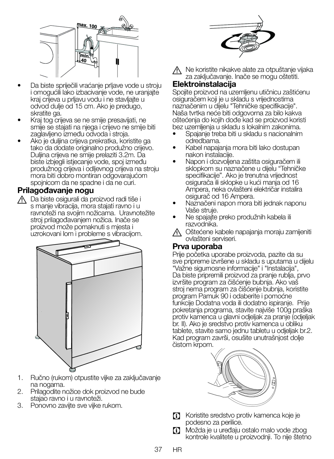 Blomberg WNF 6280 WE 20, WNF 6221 WE 20, WNF 6200 WE 20 user manual Prilagođavanje nogu, Elektroinstalacija, Prva uporaba 