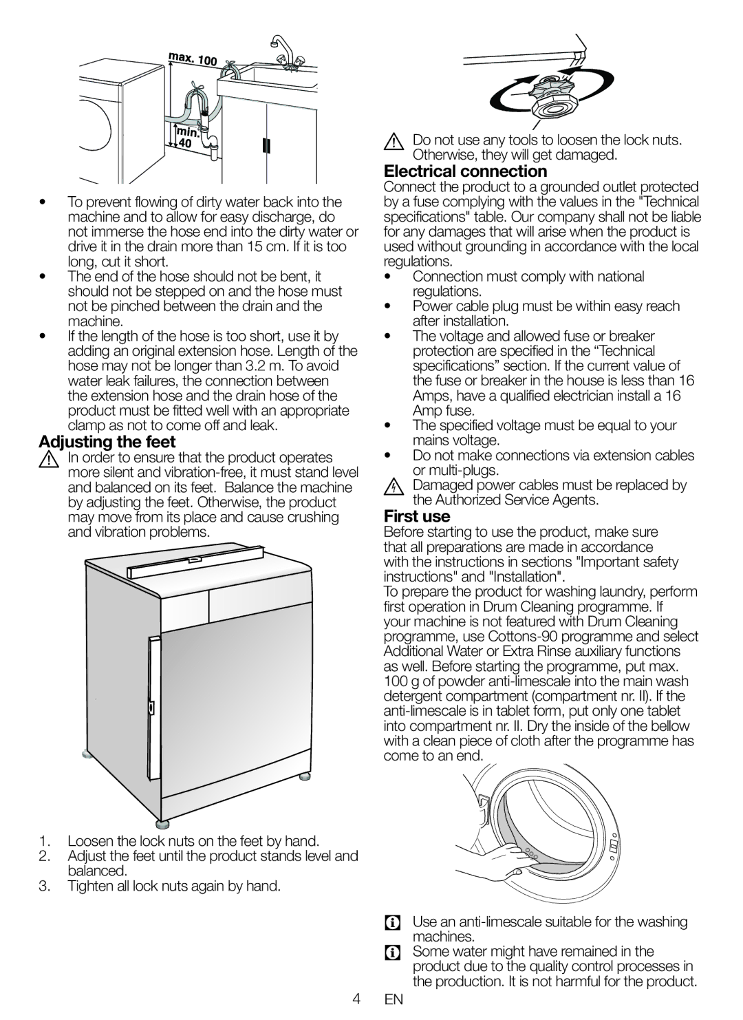 Blomberg WNF 6280 WE 20, WNF 6221 WE 20, WNF 6200 WE 20 user manual Adjusting the feet, Electrical connection, First use 