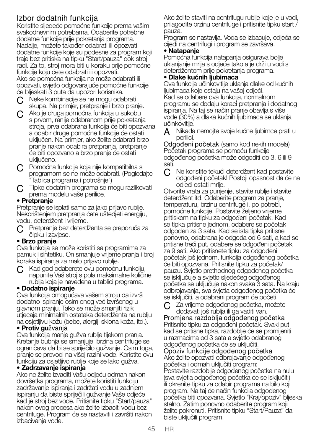 Blomberg WNF 6221 WE 20, WNF 6280 WE 20, WNF 6200 WE 20 user manual Izbor dodatnih funkcija 