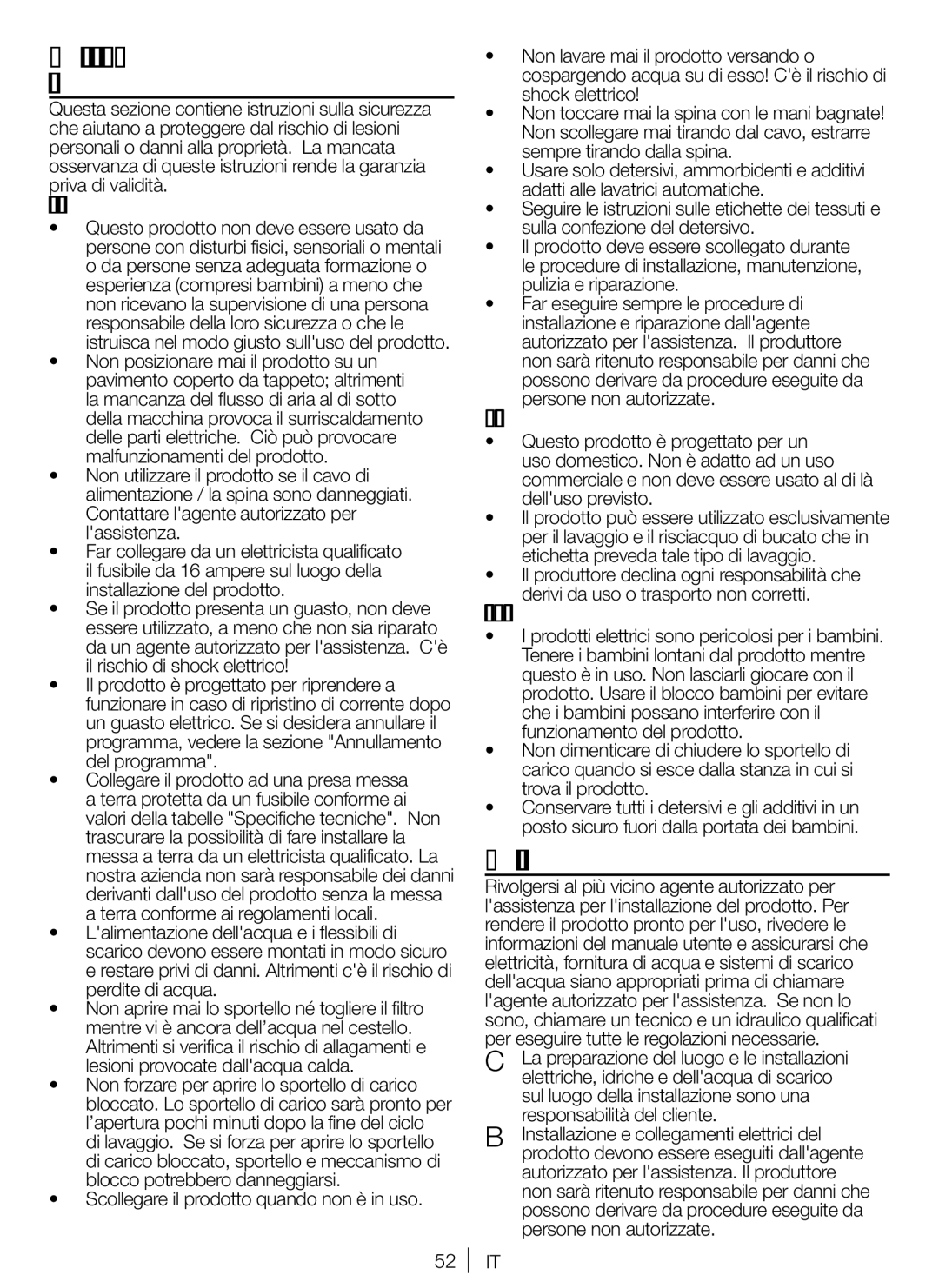 Blomberg WNF 6280 WE 20 user manual Istruzioni importanti per la sicurezza, Installazione, Sicurezza generale, Uso previsto 