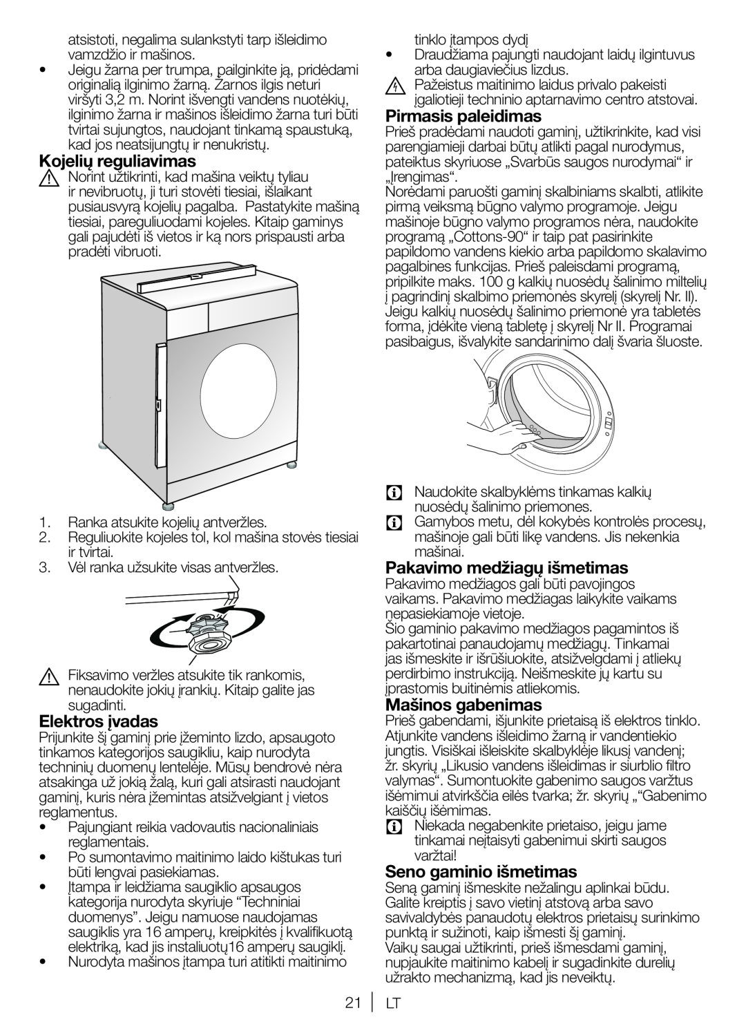 Blomberg WNF 6221 WE 20 user manual Kojelių reguliavimas, Elektros įvadas, Pirmasis paleidimas, Pakavimo medžiagų išmetimas 