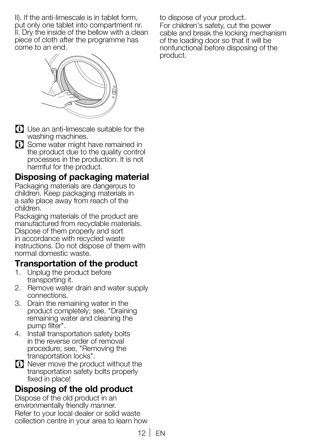 Blomberg WNF 6221 user manual Disposing of packaging material, Transportation of the product, Disposing of the old product 