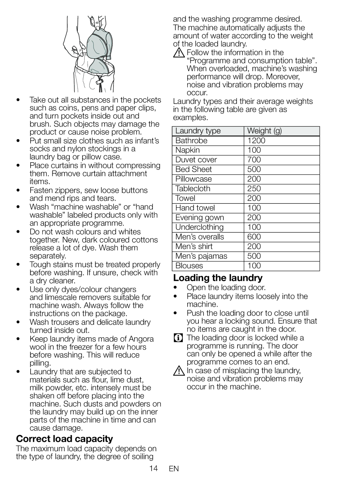 Blomberg WNF 6221 user manual Correct load capacity, Loading the laundry 