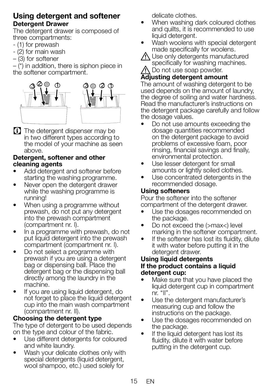 Blomberg WNF 6221 user manual Using detergent and softener 