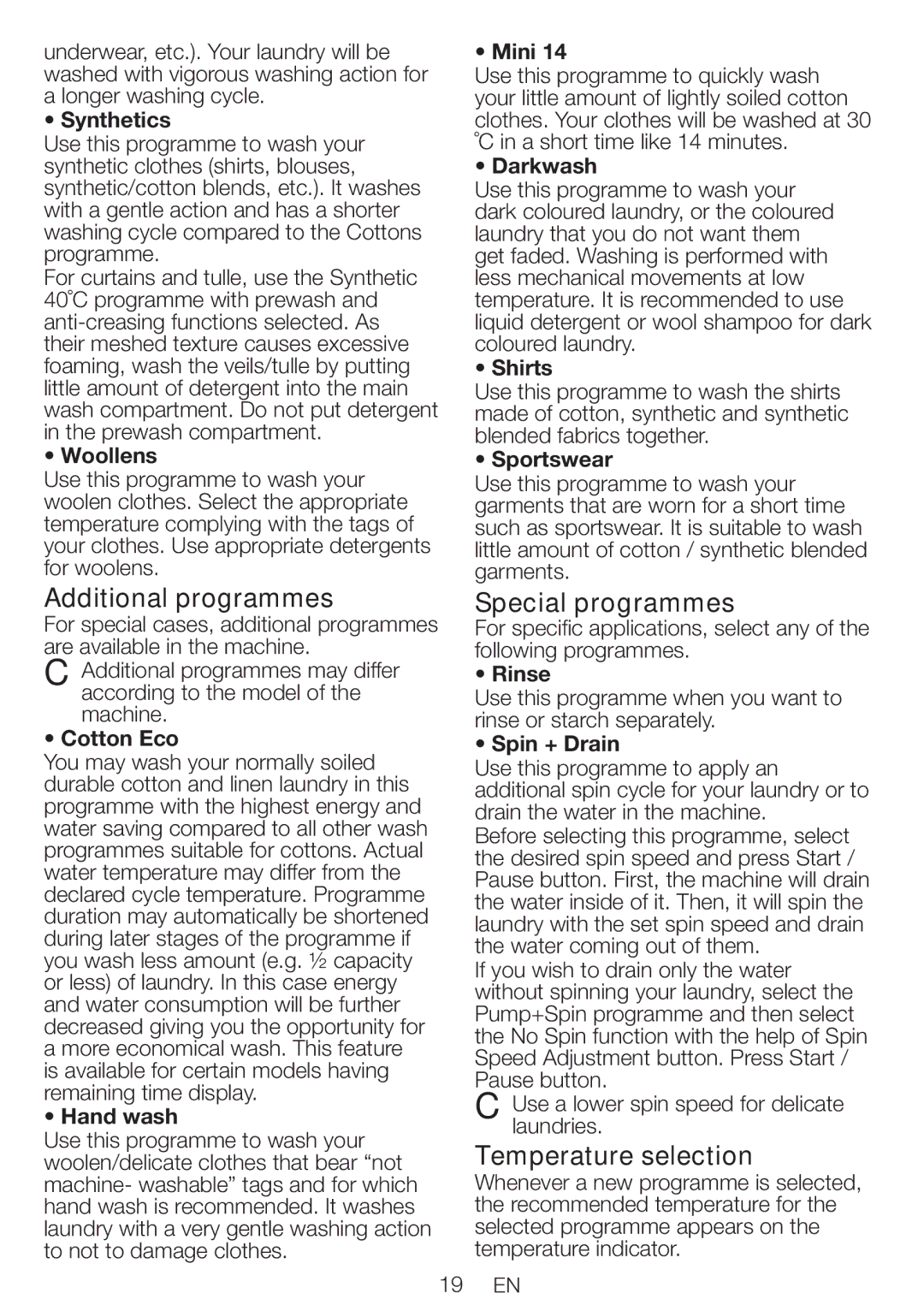 Blomberg WNF 6221 user manual Additional programmes, Special programmes, Temperature selection 