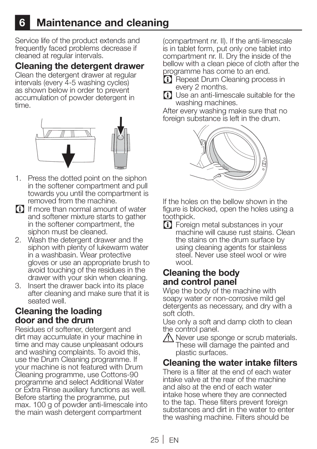 Blomberg WNF 6221 Maintenance and cleaning, Cleaning the detergent drawer, Cleaning the loading door and the drum 