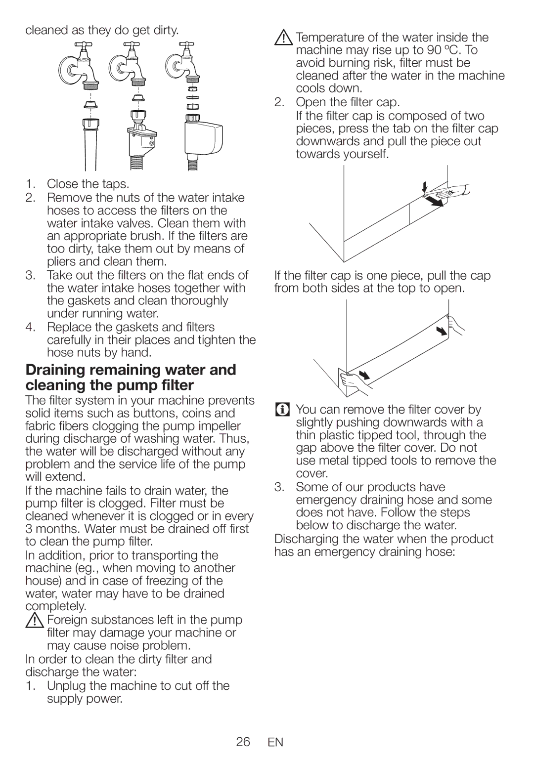 Blomberg WNF 6221 user manual Draining remaining water and cleaning the pump filter 